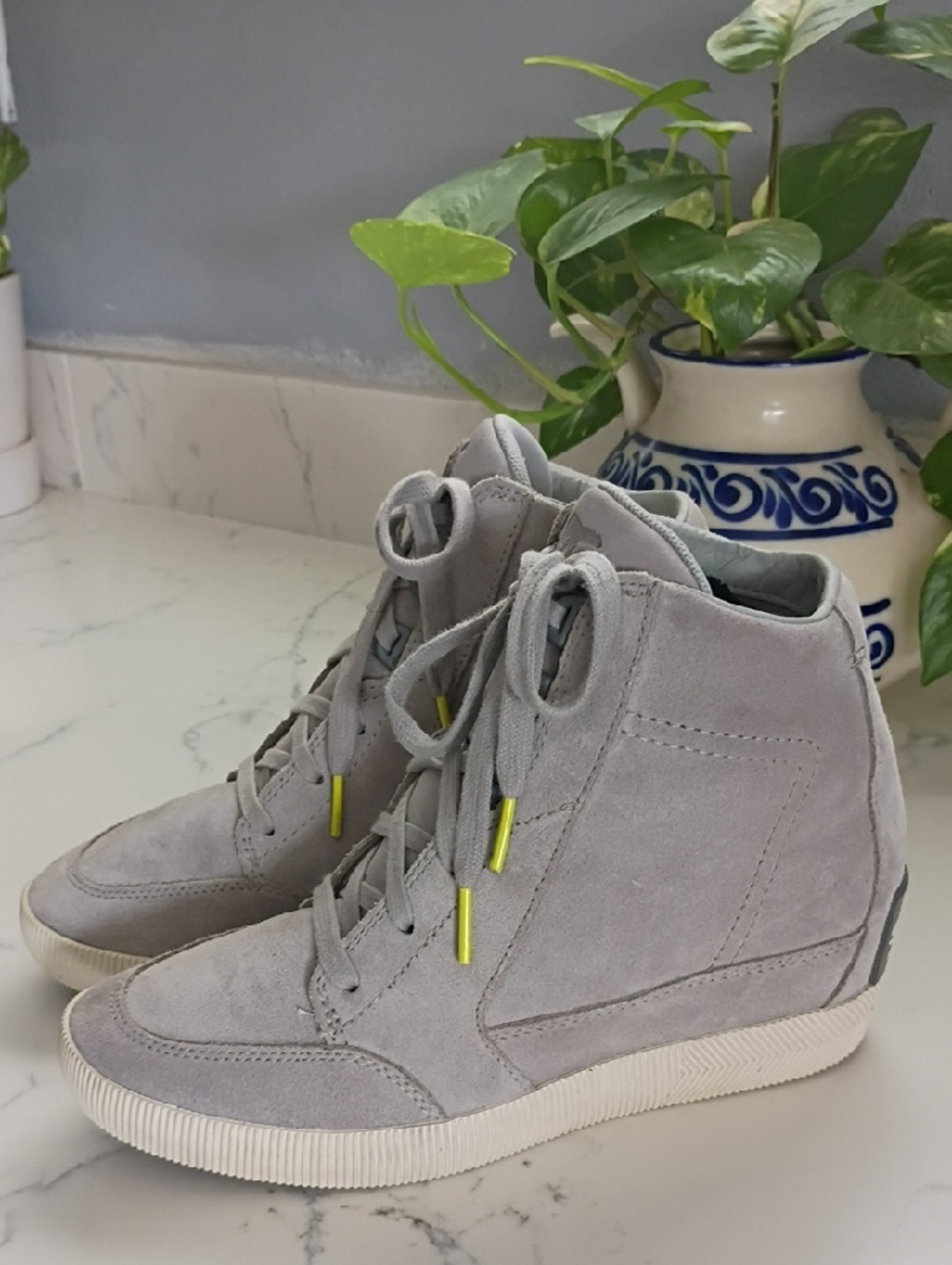 Sorel Light Gray Suede Hidden Wedge Lace-Up Sneakers